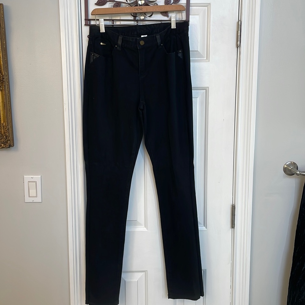 Caché Vintage Black Skinny Jeans w/ Faux Leather Accents